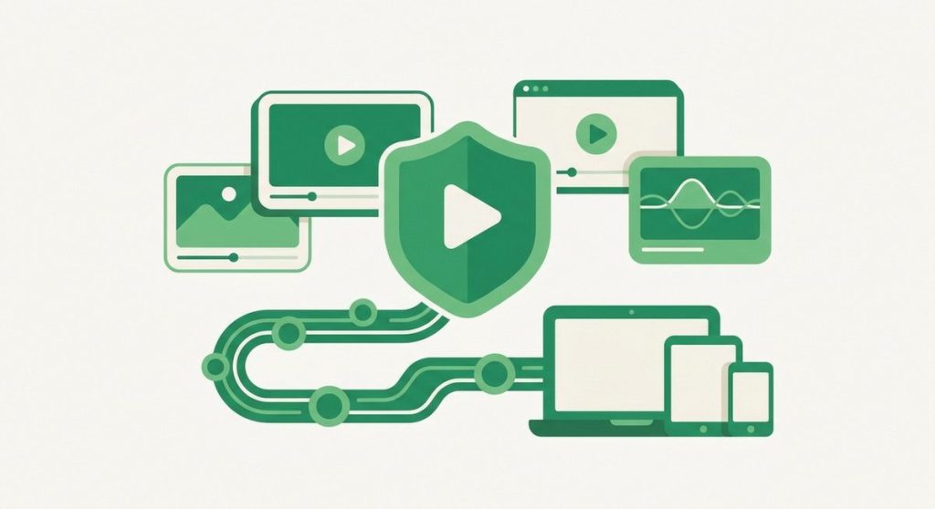 Illustration: VPN shield with play button connecting streaming screens and devices