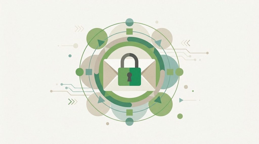 Illustration: an envelope sealed with a padlock and layered encryption rings
