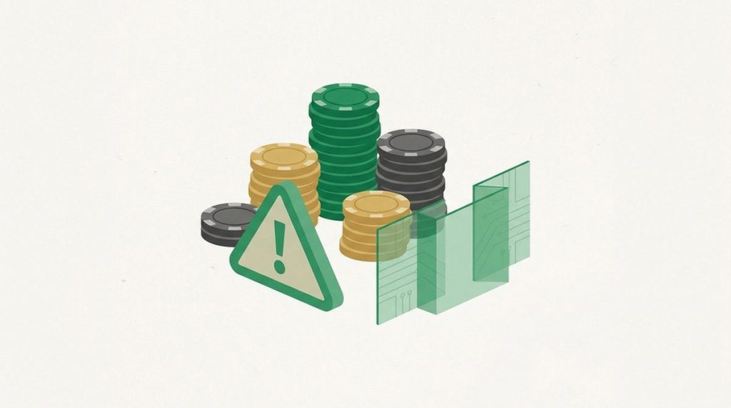 Illustration: poker chips stacked behind a warning sign and a privacy shield