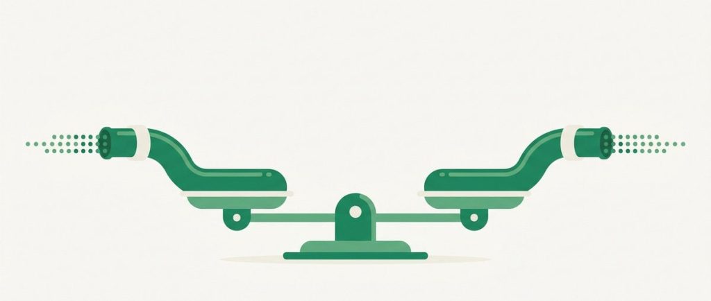 Illustration: a balanced scale with two equal data pipes streaming dots at the same rate