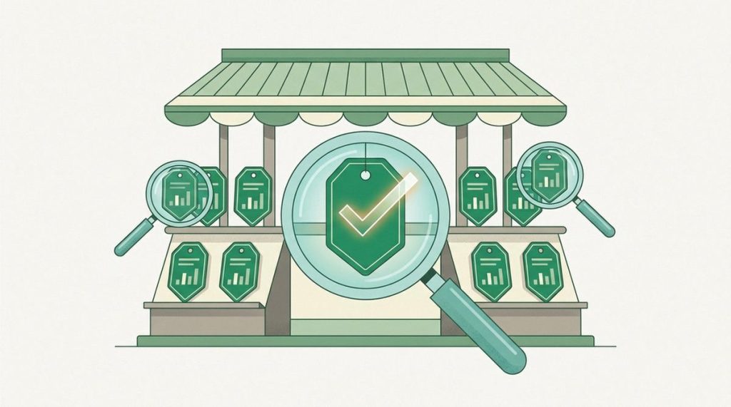 Illustration: a marketplace stall of shield-shaped price tags with a magnifying glass verifying each