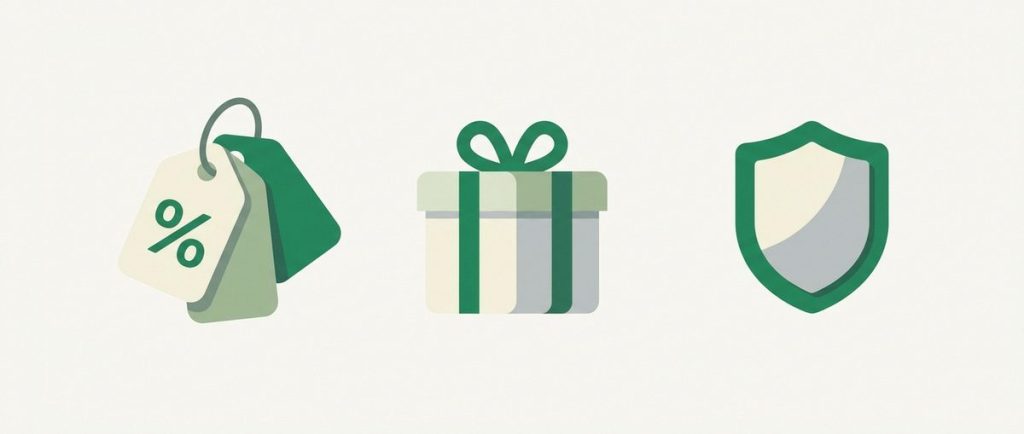 Illustration: price tags with a percent symbol, a gift box and a shield badge