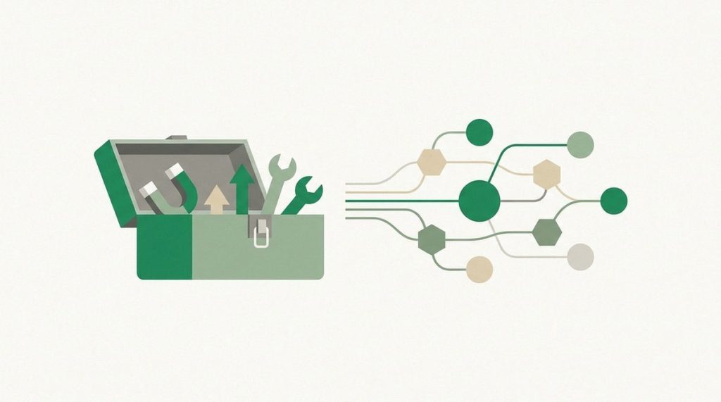 Illustration: a toolbox of small magnet and arrow tools beside a tidy swarm diagram