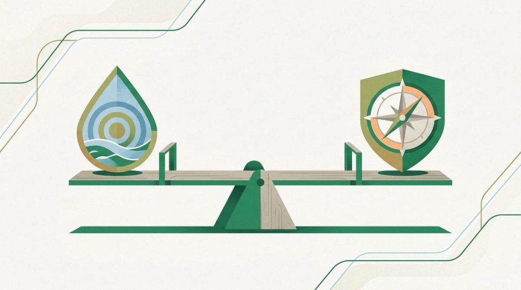 Illustration: a water-drop shield and a compass-shield balanced on a seesaw