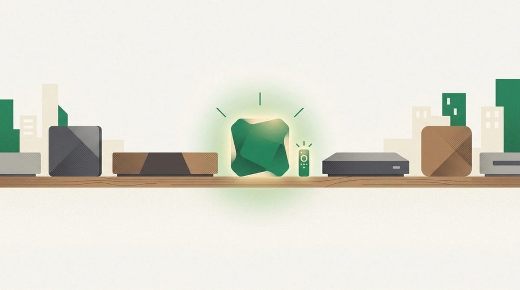 Illustration: a shelf of alternative media player boxes with one glowing pick