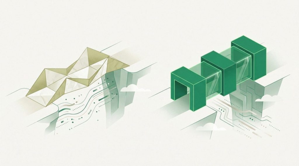 Illustration: a flimsy paper bridge beside a solid tunnel bridge across a data gap