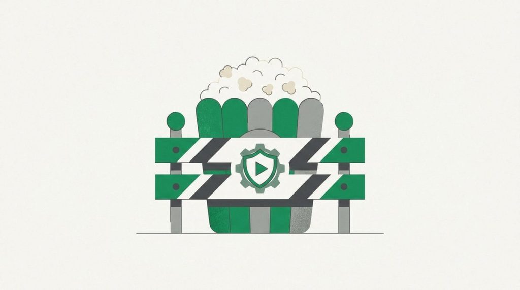 Illustration: a popcorn bucket behind a caution barrier with a legal play button alternative