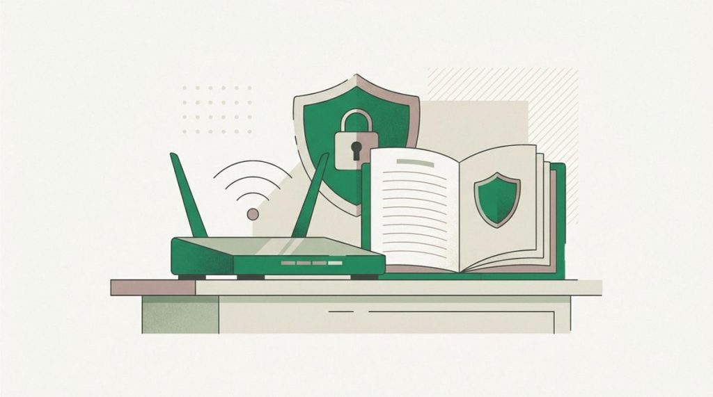 Illustration: a campus wifi router with a rulebook and a privacy shield on a desk