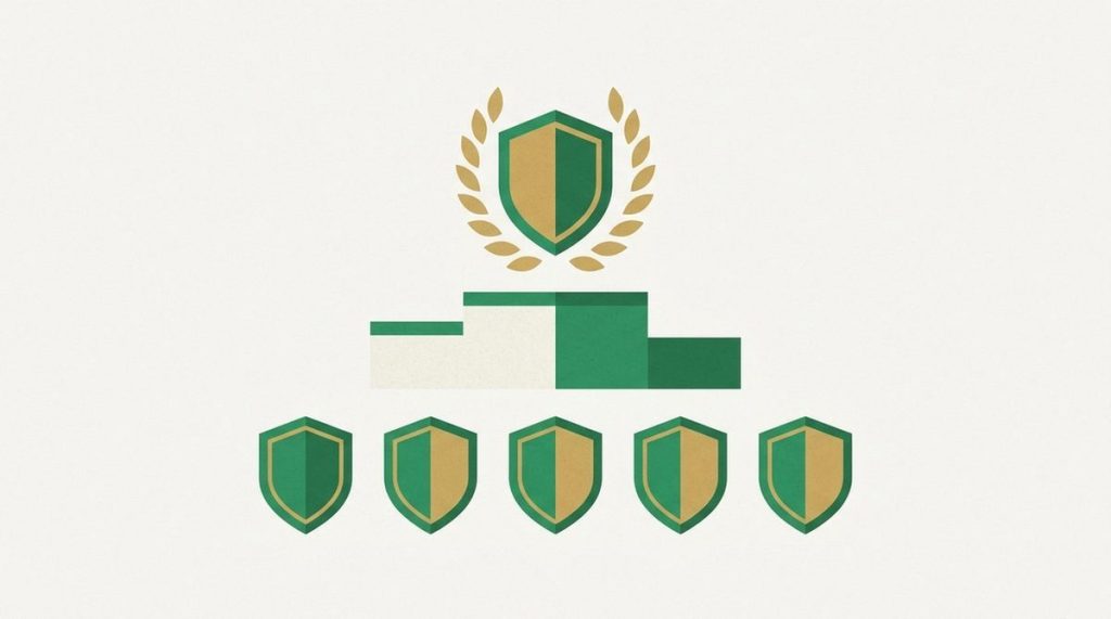 Illustration: a laurel-crowned shield on a podium above a ranked row of smaller shields