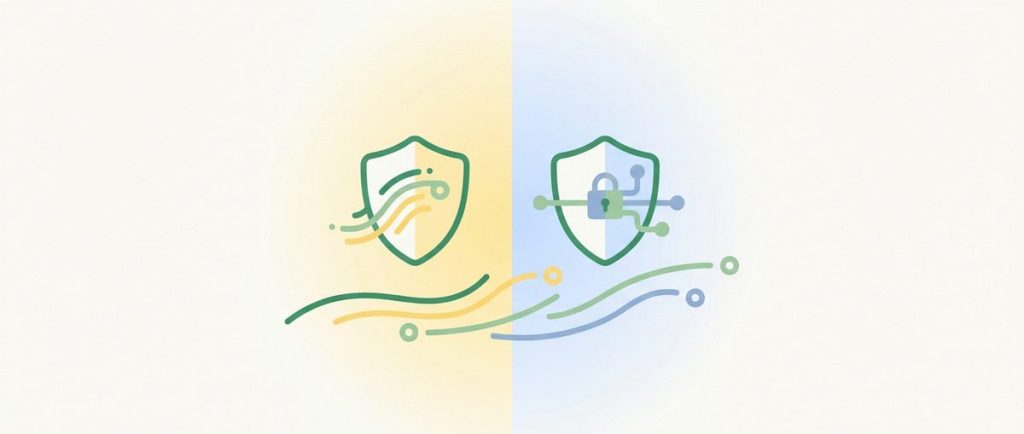 Illustration: two shields facing each other on a split background, left side warm yellow tint, right side soft blue tint