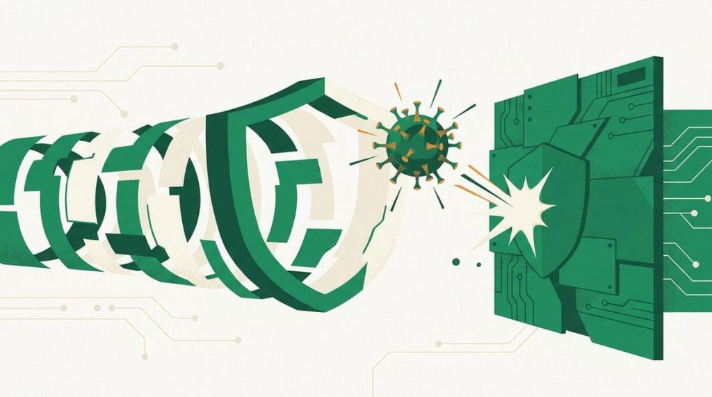 Illustration: a shield tunnel with a virus particle bouncing off a separate antivirus wall