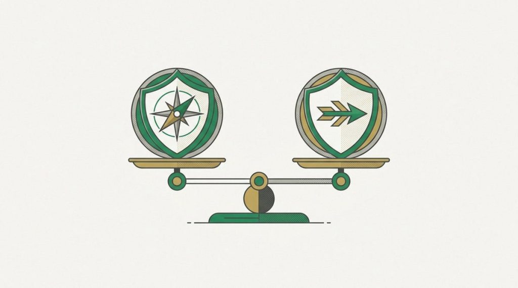 Illustration: a compass-shield and a fast arrow shield facing off on a balanced scale