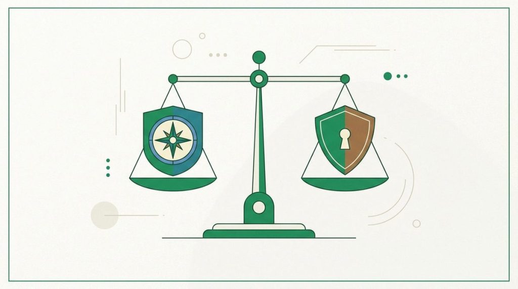Illustration: a compass-shield and a keyhole-shield on opposing pans of a scale