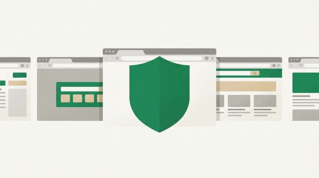 Illustration: a row of browser windows with one wearing a solid shield