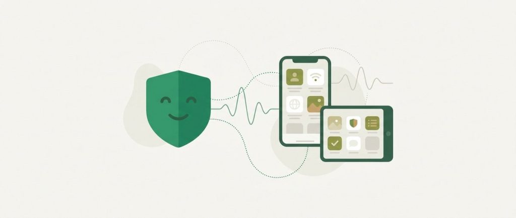 Illustration: a friendly green shield beside a smartphone showing an app grid and a small tablet, connection lines between them