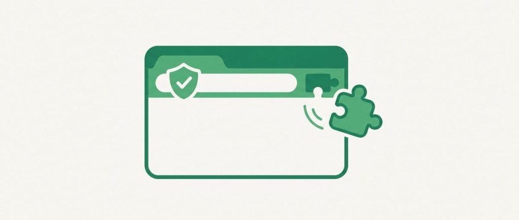 Illustration: a browser window with a shield badge and a puzzle-piece extension icon snapping into place