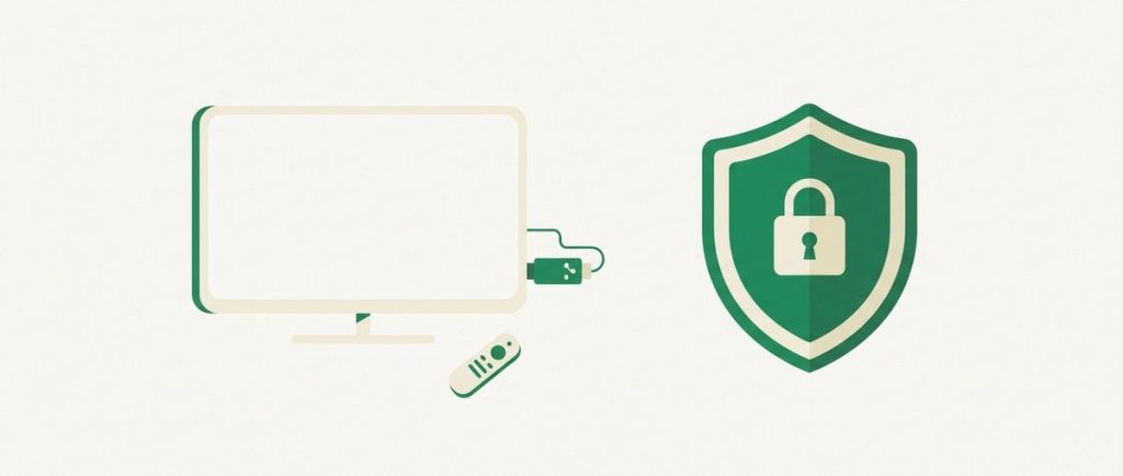 Illustration: a flat TV with a streaming stick plugged in, a small remote control and a shield badge
