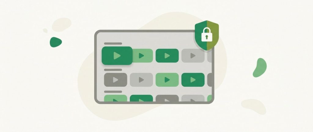 Illustration: a media-center screen with rows of play tiles and a shield badge in the corner