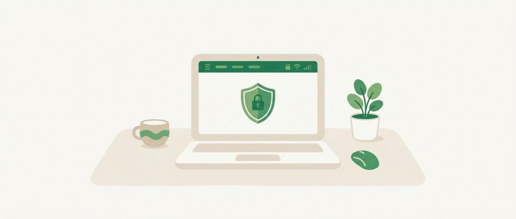 Illustration: a sleek laptop with a menu bar and a shield badge, clean desk scene