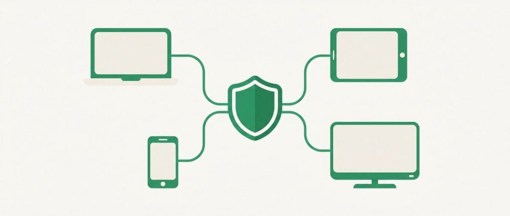 Illustration: a laptop, smartphone, tablet and TV connected by curved lines to one central shield