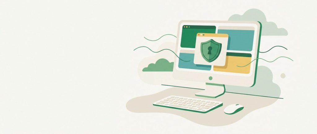 Illustration: a desktop monitor with tiled windows and a shield badge, keyboard in front