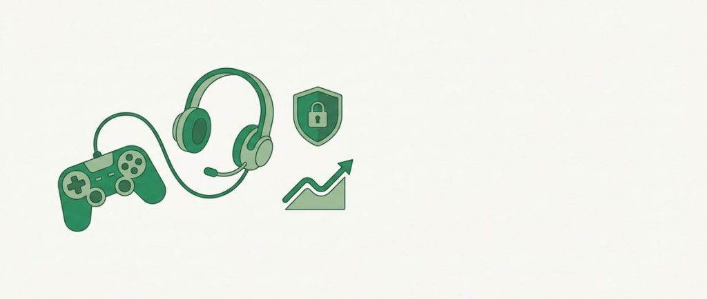 Illustration: a game controller and headset with a shield badge and a small rising latency graph