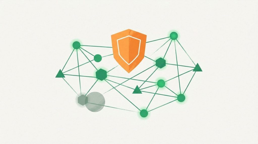 Illustration: an orange shield over a peer-to-peer swarm with one node dimmed