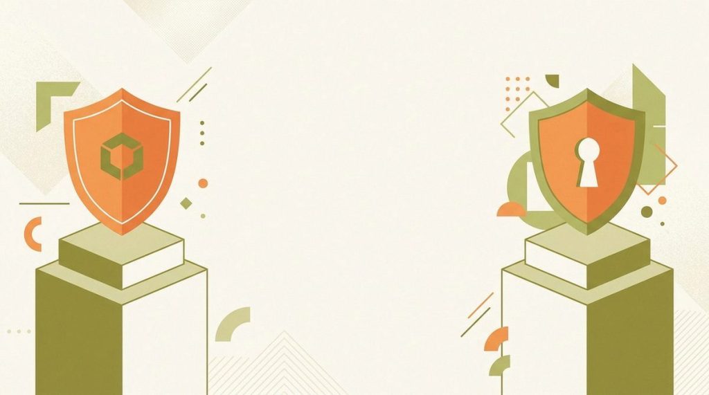 Illustration: an orange shield and a shielded keyhole on a two-column stage