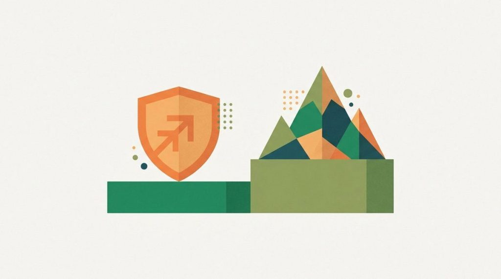 Illustration: an orange shield and a mountain peak on two low podium steps