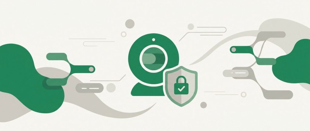 Illustration: a webcam with a privacy shutter and a shield badge, neutral privacy scene