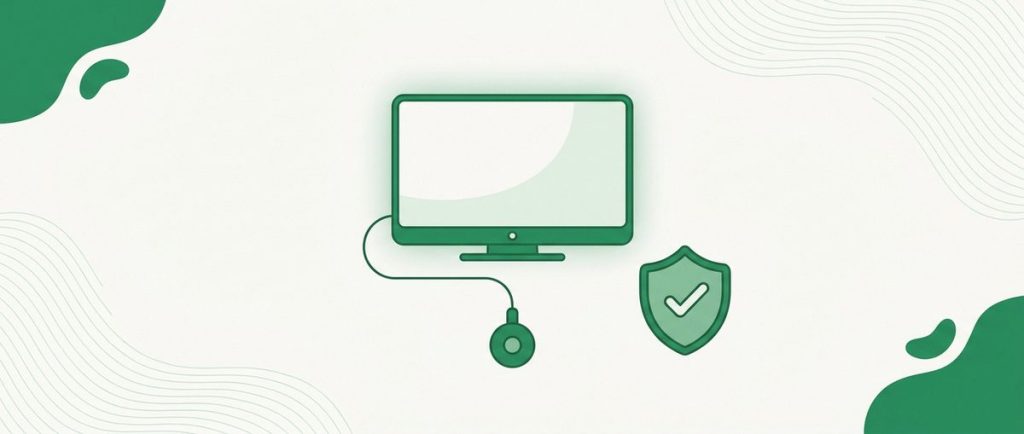 Illustration: a TV with a small round streaming dongle hanging by a cable and a shield badge