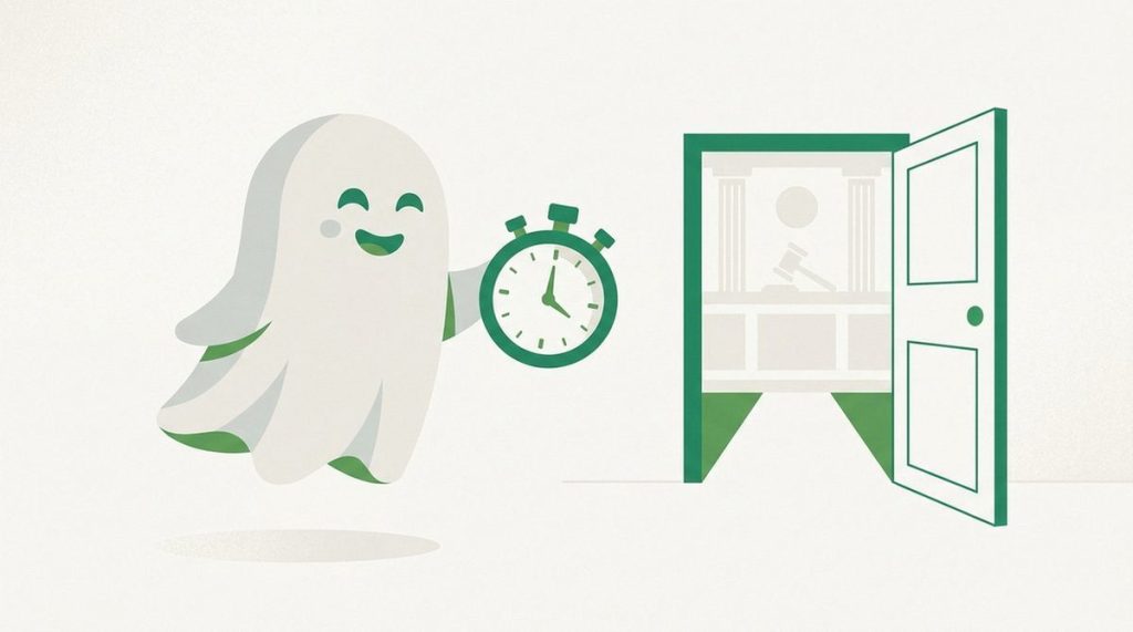 Illustration: a friendly ghost holding a stopwatch beside an open trial doorway