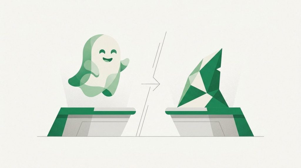 Illustration: a friendly ghost and a shark fin on a two-column comparison stage