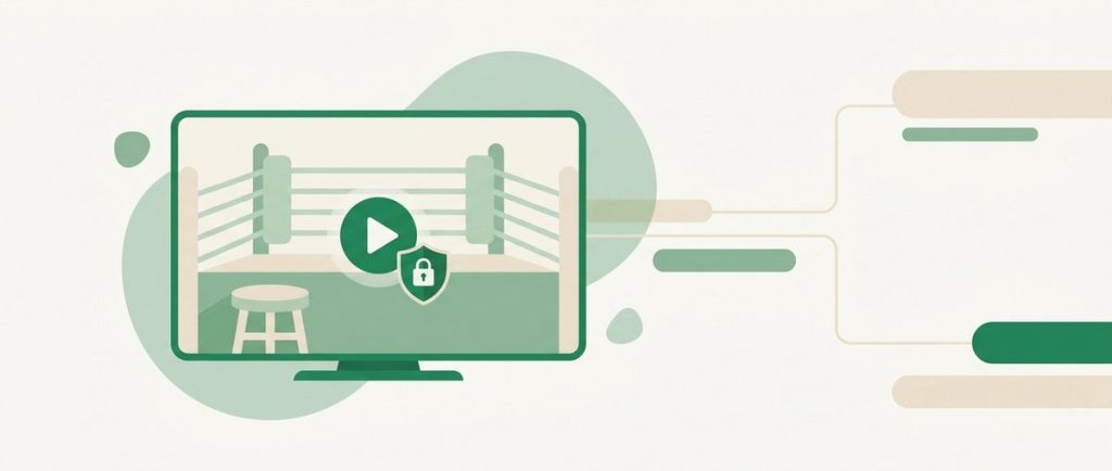 Illustration: a TV showing a boxing ring corner with a play button and a shield badge