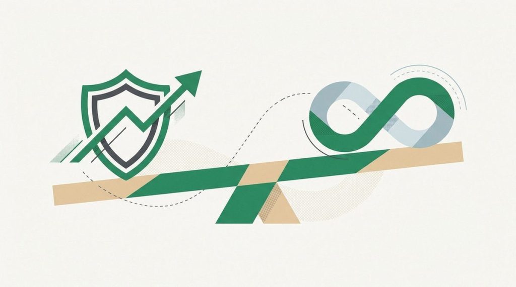 Illustration: a swift arrow shield and an infinity ribbon on a balance beam