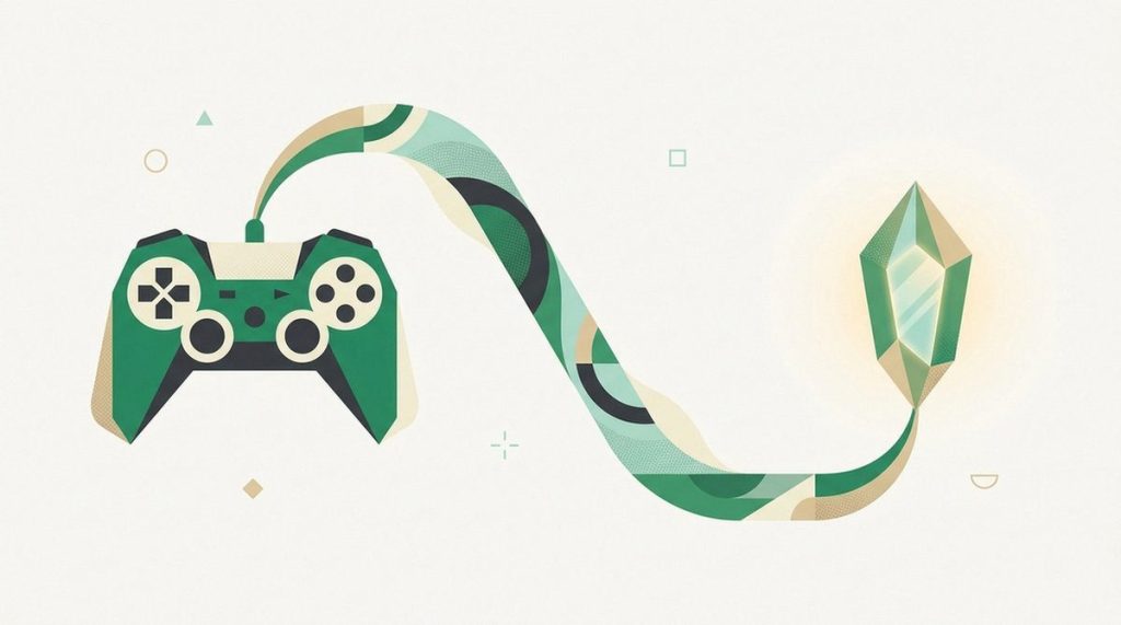 Illustration: a fantasy crystal beside a game controller with a smoothed latency line