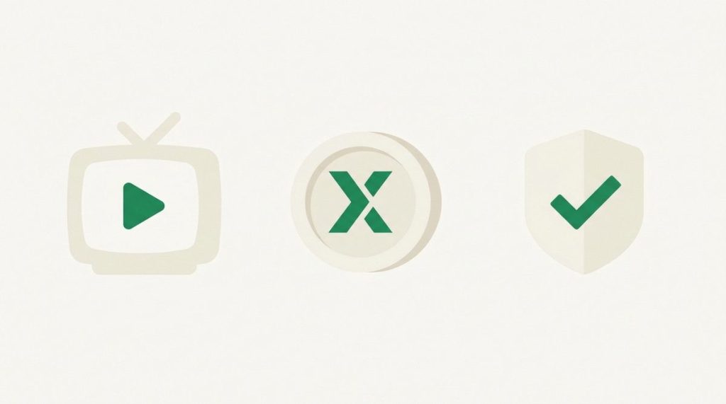 Illustration: a TV with a play button, a crossed-out coin and a shield badge