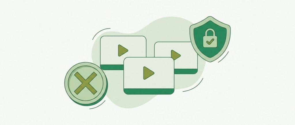 Illustration: multiple screens with play buttons, a crossed-out coin and a shield badge