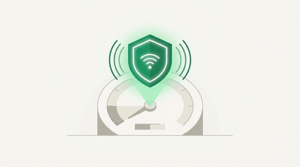 Illustration: a glowing shield emitting a free wifi beacon over a basic-tier meter