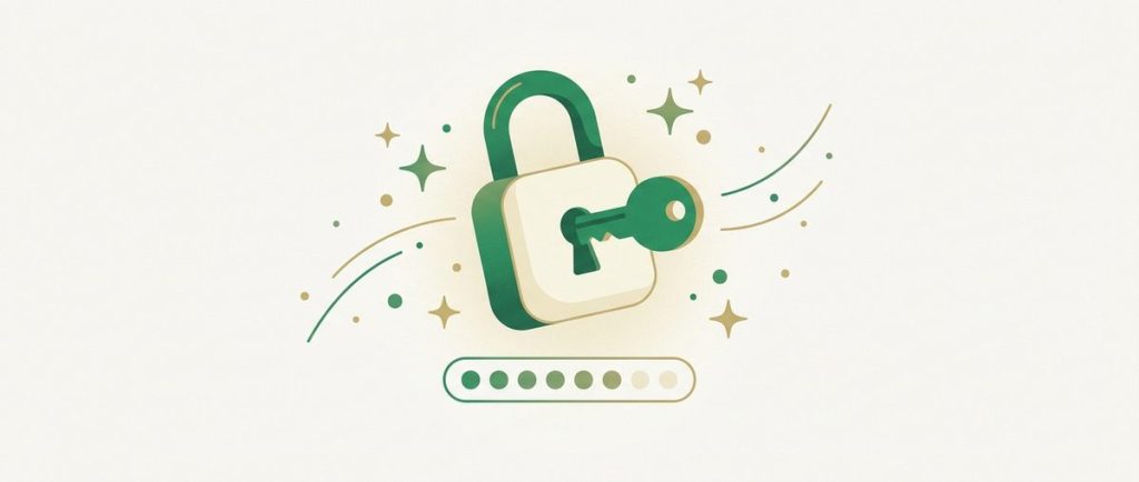 Illustration: a large padlock with a key and a password input field showing dots, sparkles around