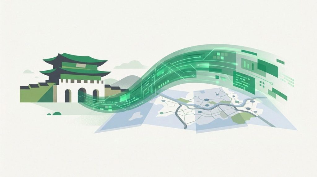 Illustration: a stylized korean gate silhouette connected by a secure data tunnel across a map