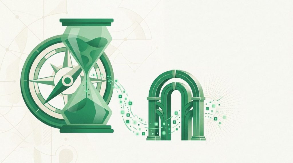 Illustration: an hourglass fused with a compass-shield, sand grains as data points flowing through a trial gate
