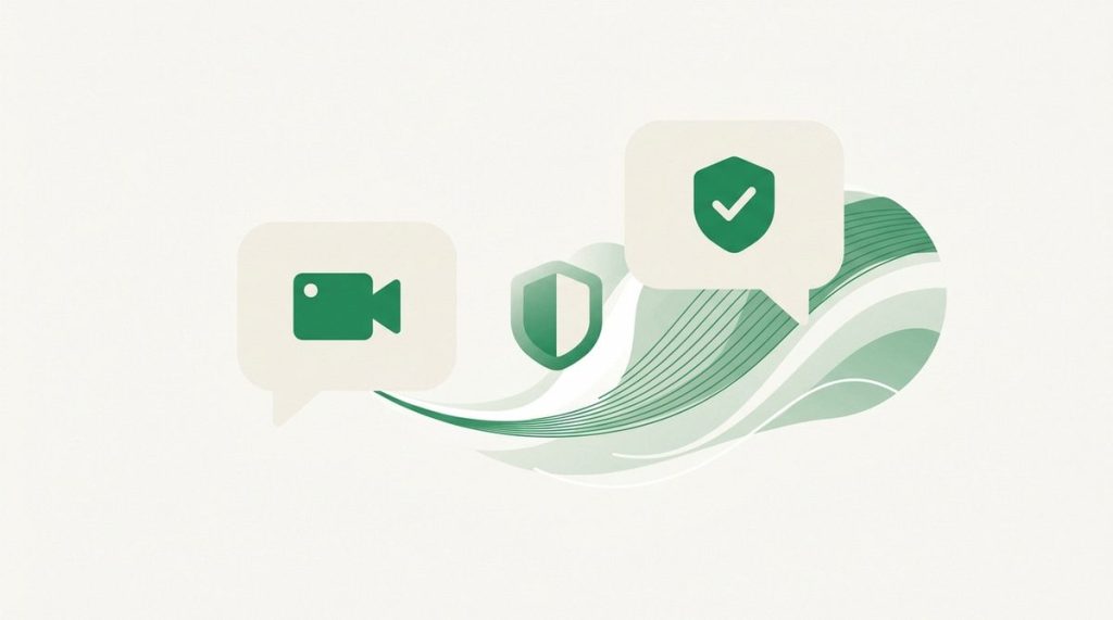 Illustration: two chat bubbles with a video camera icon and a shield between them, farewell wave motif