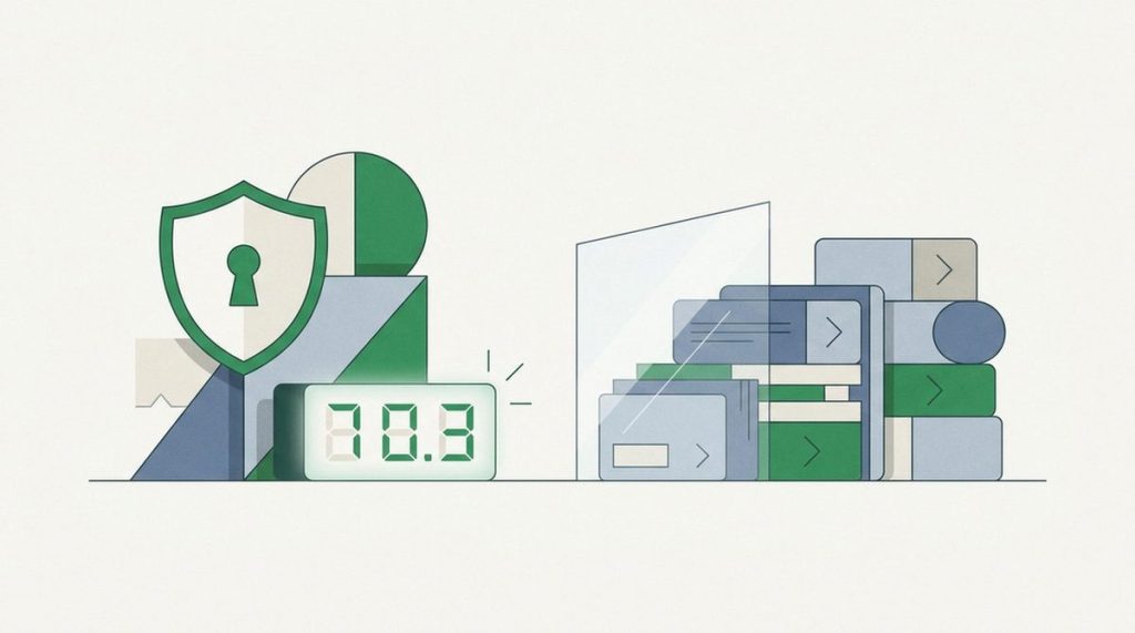 Illustration: a shielded keyhole with a seven-segment countdown and queued data packets