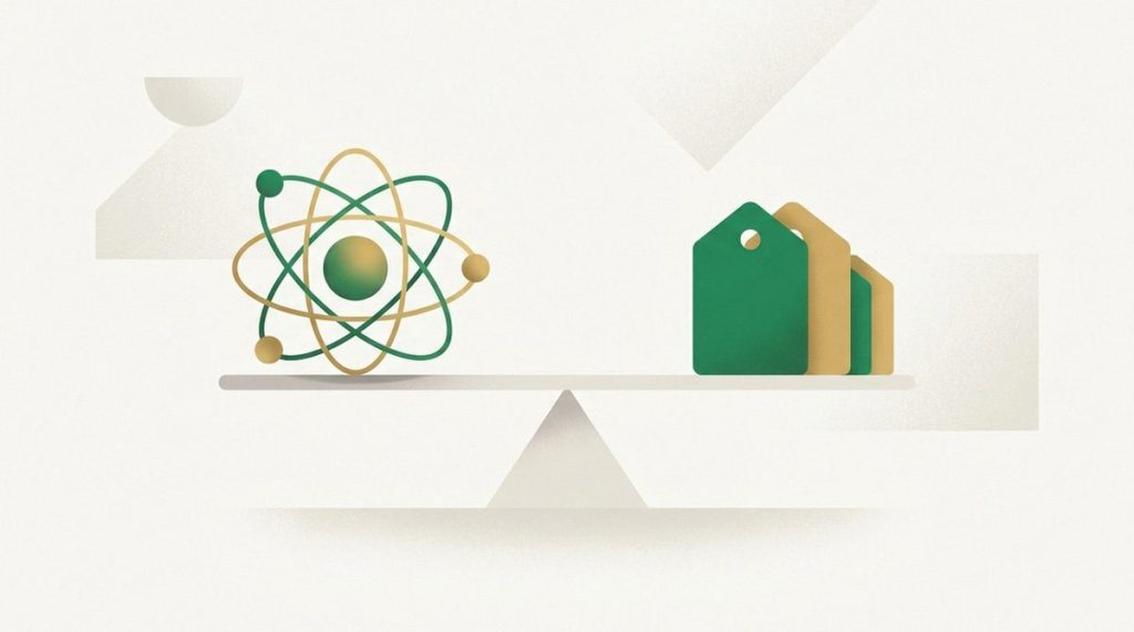 Illustration: an atom orb balancing on a scale against a shrinking price tag