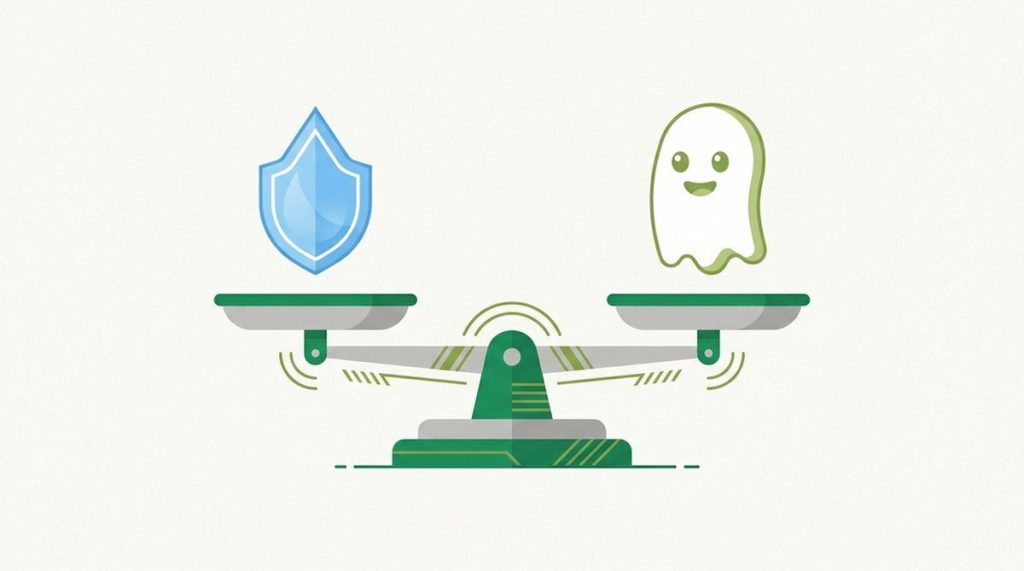 Illustration: a water-drop shield and a friendly ghost on two weighing pans