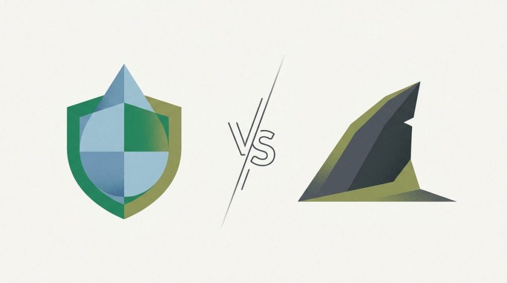 Illustration: a water-drop shield and a shark fin across a versus divide