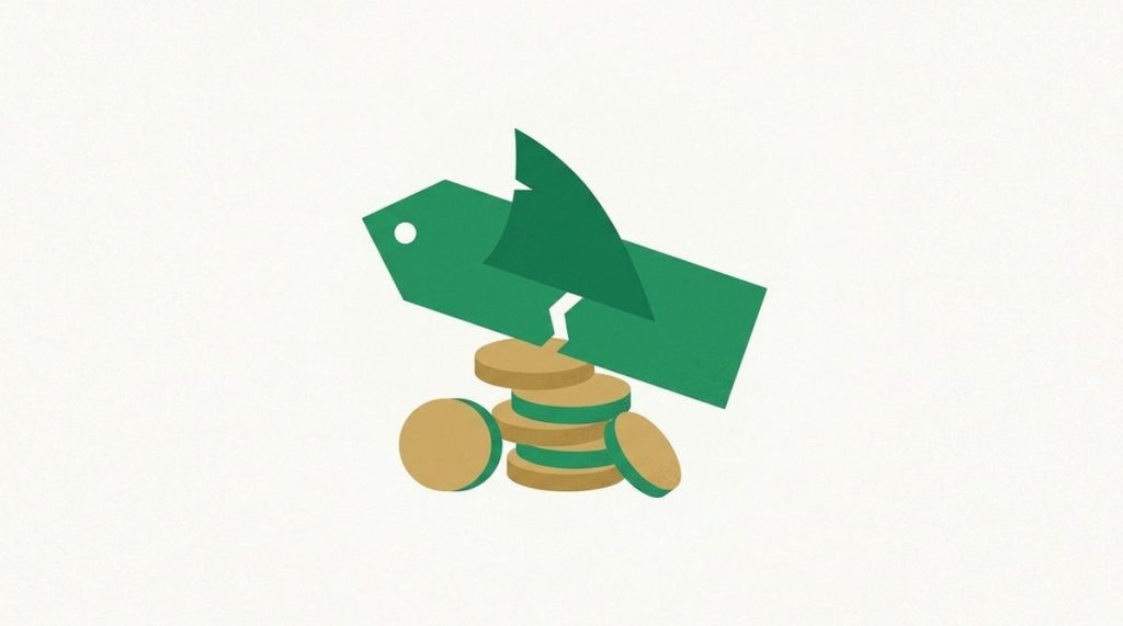 Illustration: a shark fin slicing a price tag in half above a stack of saved coins