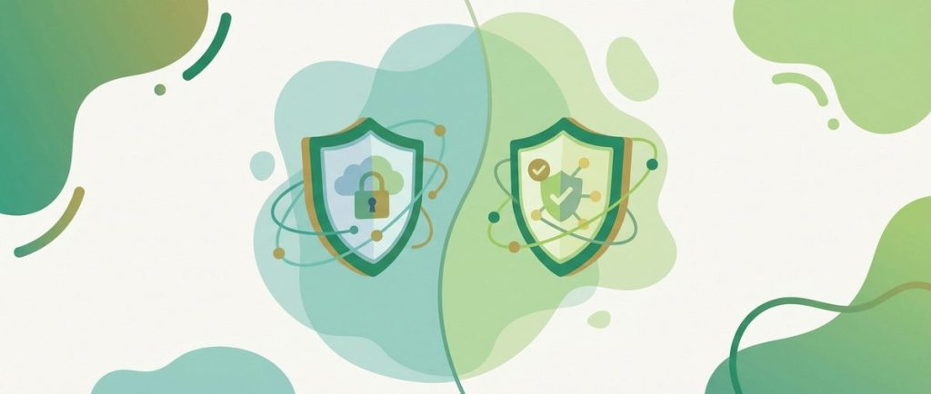 Illustration: two shields facing each other on a split background, left side teal tint, right side fresh green tint