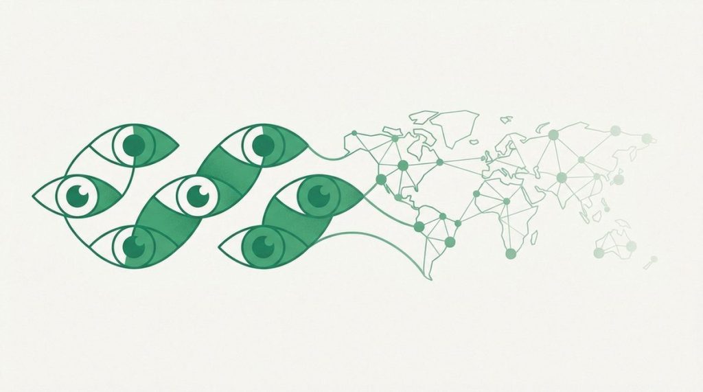 Illustration: five interlinked eyes over a world map fading into fourteen nodes